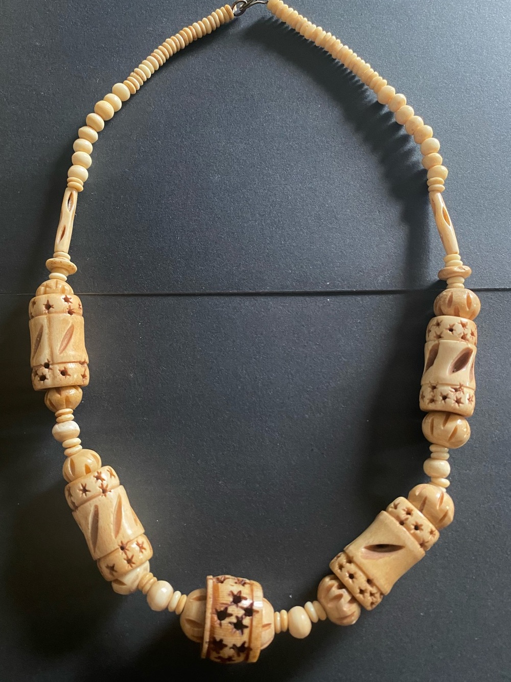 Vintage Chunky Carved Bovine Bone Statement Necklace Star-Accented Beads